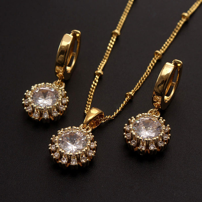 Conjunto de joias banhadas a ouro de zircônia com chapeamento de cobre redondo estilo IG estilo simples