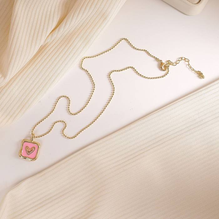 Sweet Square Heart Shape Copper Enamel Plating Pendant Necklace