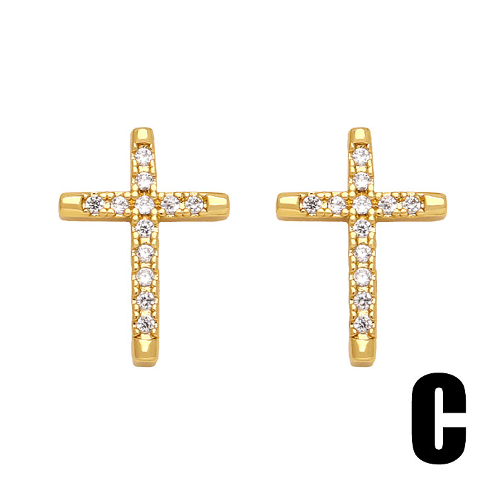 1 Paar Ohrstecker im schlichten Stil mit Kreuzvergoldung und Inlay aus Kupferzirkon und 18-Karat-Vergoldung