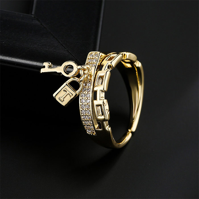 Fashion Copper Plated 18K Gold Chain Key Lock Geometric Open Ring Female