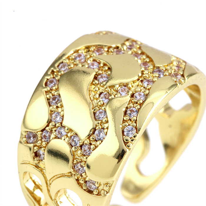 Offene Ringe im Vintage-Stil mit Stern- und Mondlinien-Kupferbeschichtung, Inlay aus Zirkon, 18 Karat vergoldet