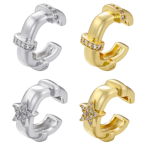 1 paire de boucles d'oreilles pentagramme en forme de U, Style Vintage, Style moderne, incrustation de cuivre et Zircon plaqué or 18 carats