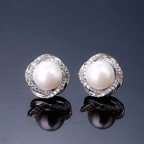 1 Pair Simple Style Commute Round Plating Inlay Copper Pearl Zircon Ear Studs