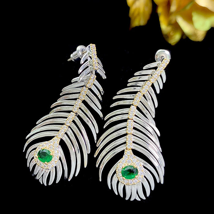 1 Pair IG Style Feather Inlay Copper Zircon Drop Earrings