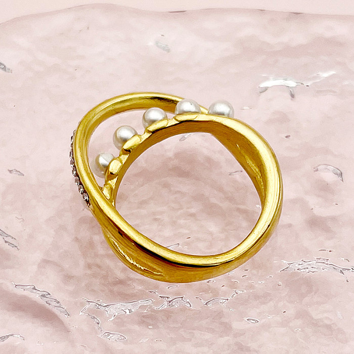 Elegante, klassische, einfarbige Ringe aus Edelstahl mit Intarsien-Perlen-Zirkon-Vergoldung