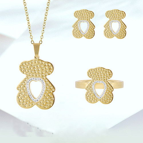 Conjunto de joias banhadas a ouro 14K com zircônia vazada em formato de coração de urso fofo chapeamento de aço inoxidável