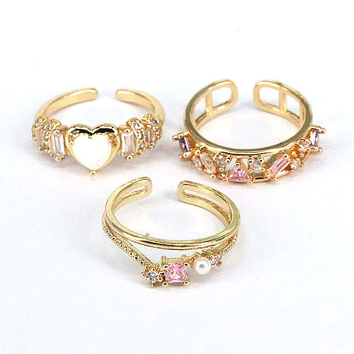 Einfacher offener Ring in Herzform, Kupfer, vergoldet, künstliche Perlen, Zirkon, 1 Stück