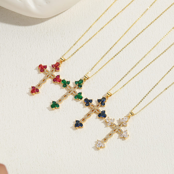 Luxurious Classic Style Cross Copper 14K Gold Plated Zircon Pendant Necklace In Bulk