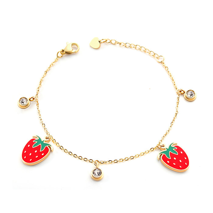 Sweet Strawberry Stainless Steel Plating Inlay Zircon 14K Gold Plated Gold Plated Rings Bracelets Earrings