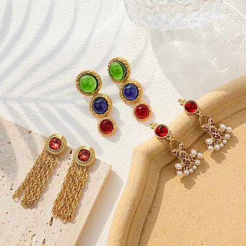 Boucles d'oreilles pendantes en cuivre plaqué or, 1 paire, Style Vintage, pampilles rondes, incrustation de pierres précieuses
