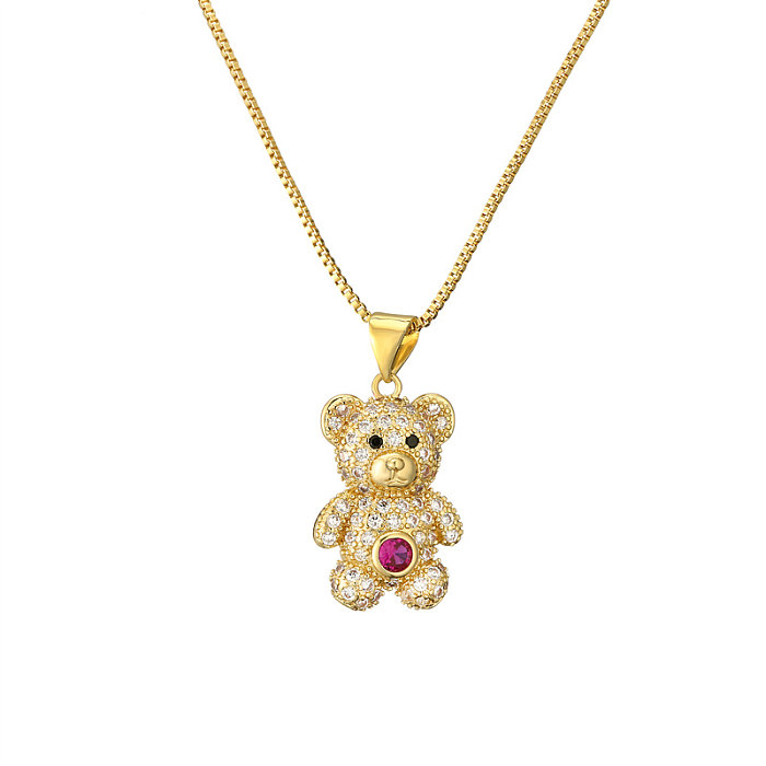 Collier pendentif décontracté mignon petit ours en cuivre, incrustation de Zircon plaqué or