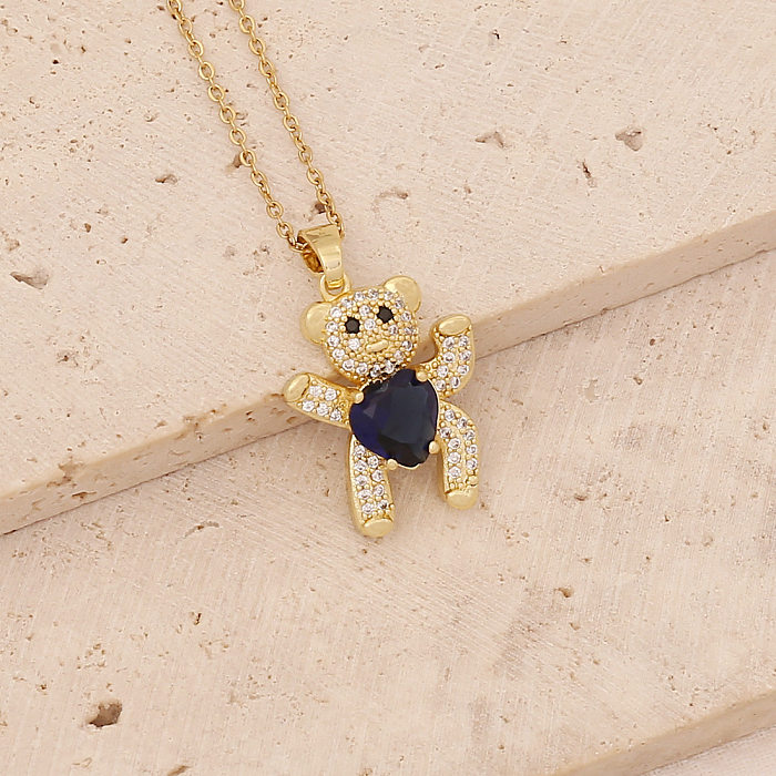 Copper Inlay Heart Bear Elegant Zircon Necklace
