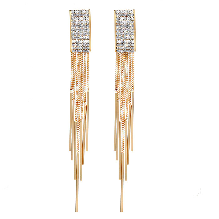 Fashion Rhombus Rectangle Copper Tassel Inlay Rhinestones Drop Earrings 1 Pair