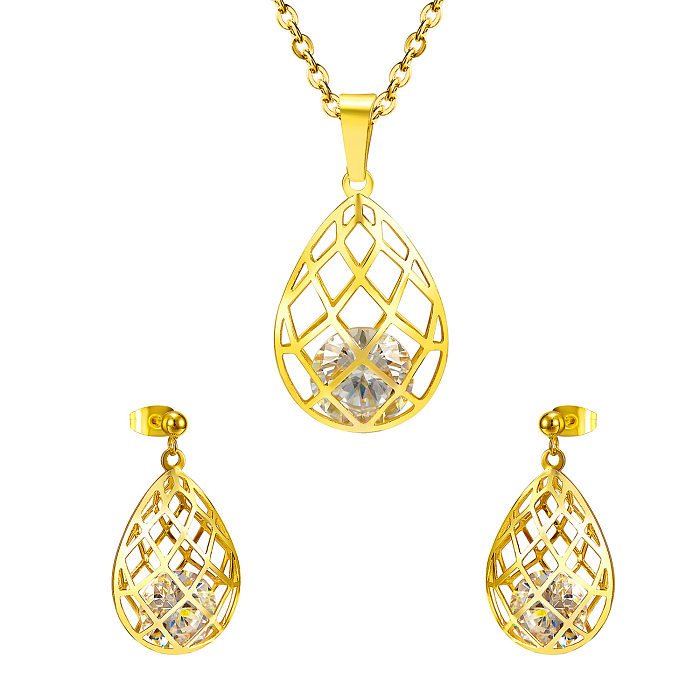 Elegant Water Droplets Stainless Steel Zircon Plating Women'S Earrings Necklace