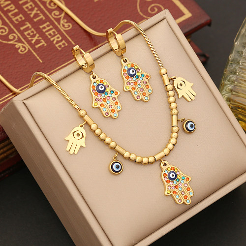 Bracelets et boucles d'oreilles en diamant artificiel, Style ethnique, œil de paume, en acier inoxydable, incrustation de perles, collier