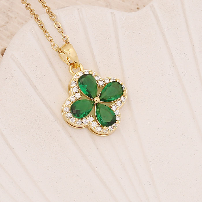 New Retro Emerald Zircon Inlaid Pendent Copper Necklace Clavicle Chain