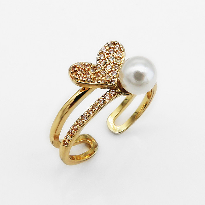 Senhora romântico coração forma cobre banhado a ouro prata banhado pérolas artificiais zircão anel aberto a granel