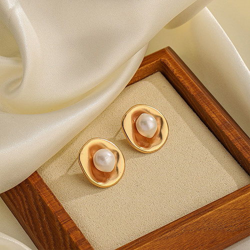 1 paire de clous d'oreilles en cuivre, incrustation géométrique de Style romain Simple, perles d'eau douce