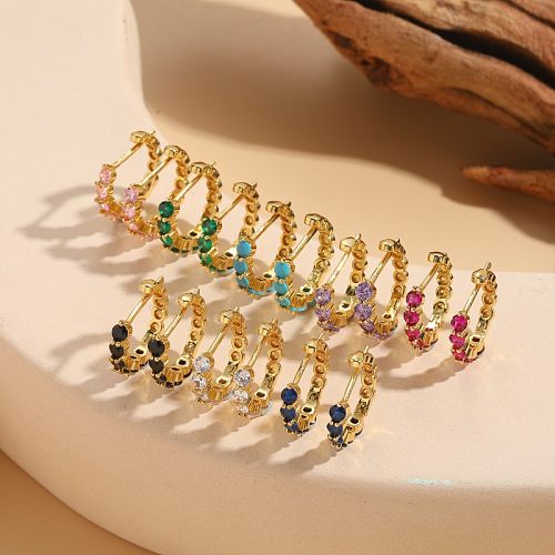 1 Pair Elegant Luxurious Classic Style Solid Color Asymmetrical Plating Inlay Copper Zircon 14K Gold Plated Hoop Earrings