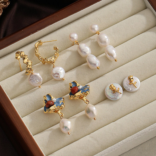 1 Pair Retro Flower Plating Metal Inlay Copper Freshwater Pearl Agate 18K Gold Plated Drop Earrings