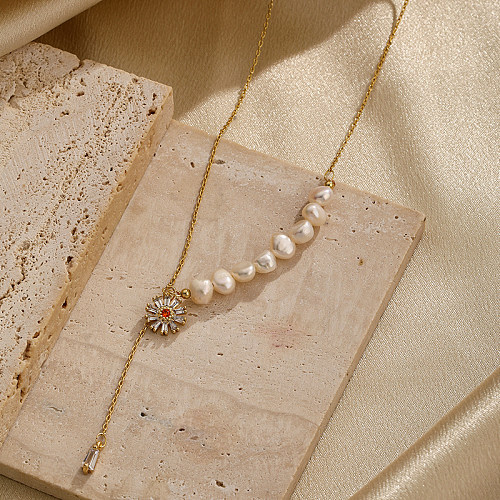 Simple Style Flower Copper Plating Inlay Freshwater Pearl Zircon 14K Gold Plated Necklace