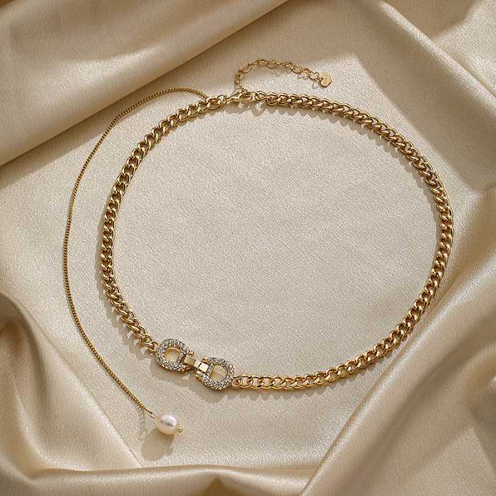 Boucle de ceinture de style simple, placage de perles en cuivre, incrustation de zircon, collier plaqué or plaqué argent 18 carats