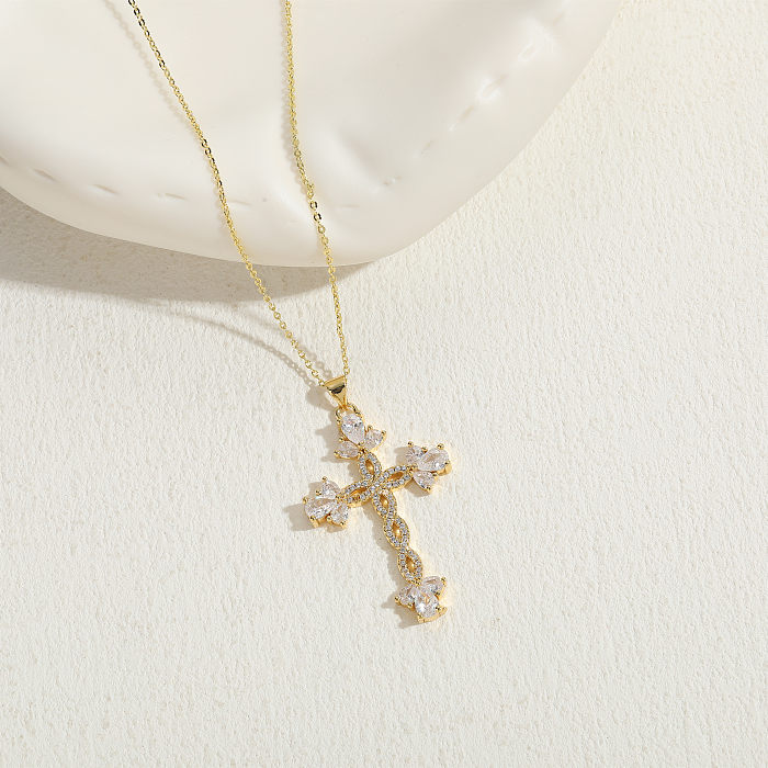 Luxurious Classic Style Cross Copper 14K Gold Plated Zircon Pendant Necklace In Bulk