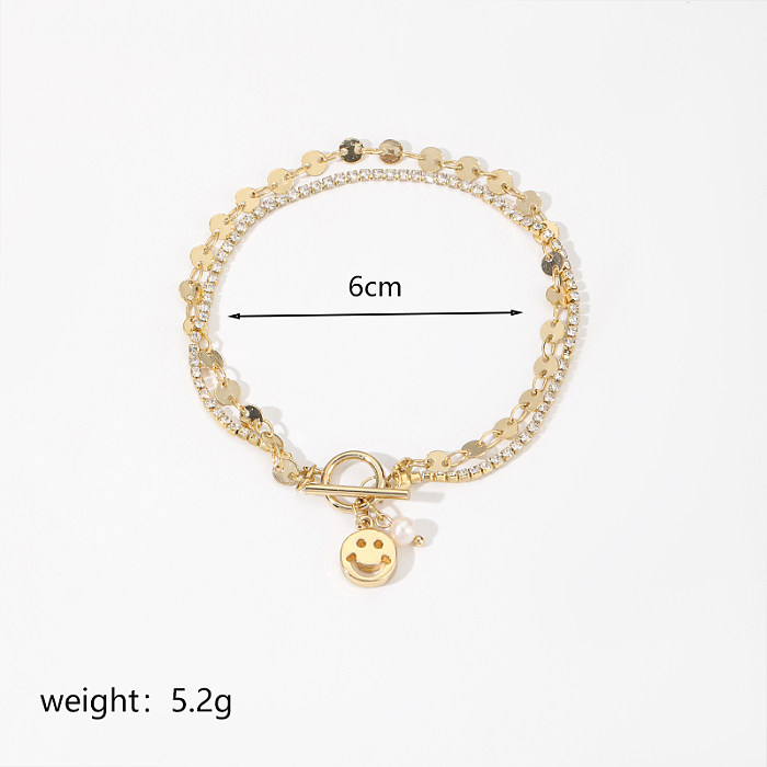 Retro Commute Round Smiley Face Freshwater Pearl Copper Toggle Plating Inlay Zircon 18K Gold Plated Silver Plated Bracelets
