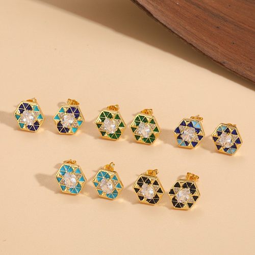 1 Pair Elegant Classic Style Triangle Hexagon Plating Inlay Copper Zircon 14K Gold Plated Ear Studs