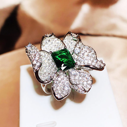 IG Style Exaggerated Flower Rectangle Copper Plating Inlay Zircon Open Rings
