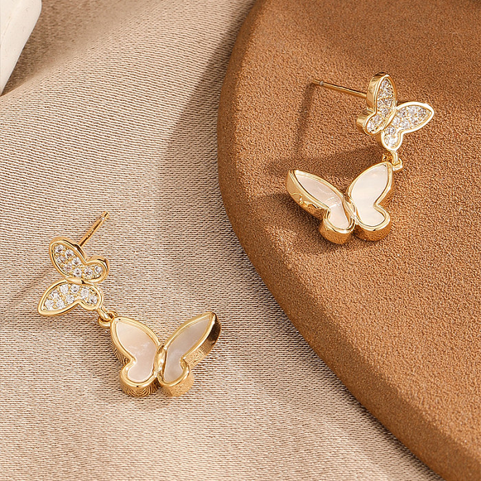 1 Pair Simple Style Butterfly Inlay Copper Zircon Drop Earrings