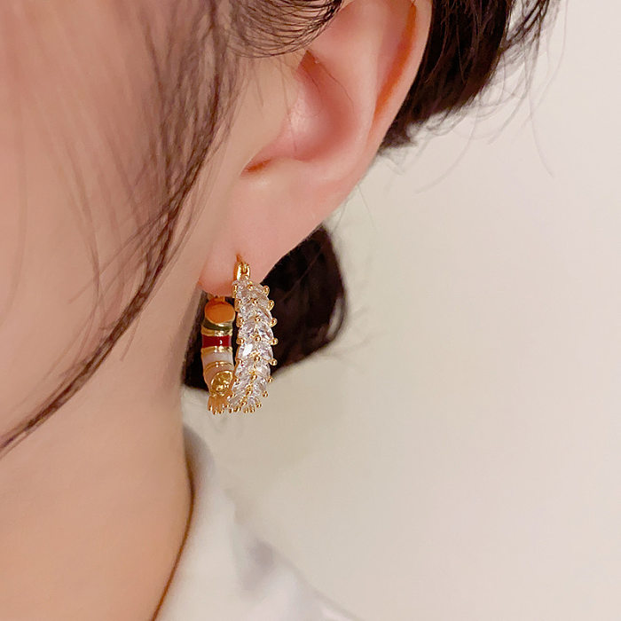 Boucles d'oreilles créoles en cuivre et Zircon plaqué or, 1 paire, Style Simple, incrustation de cercle