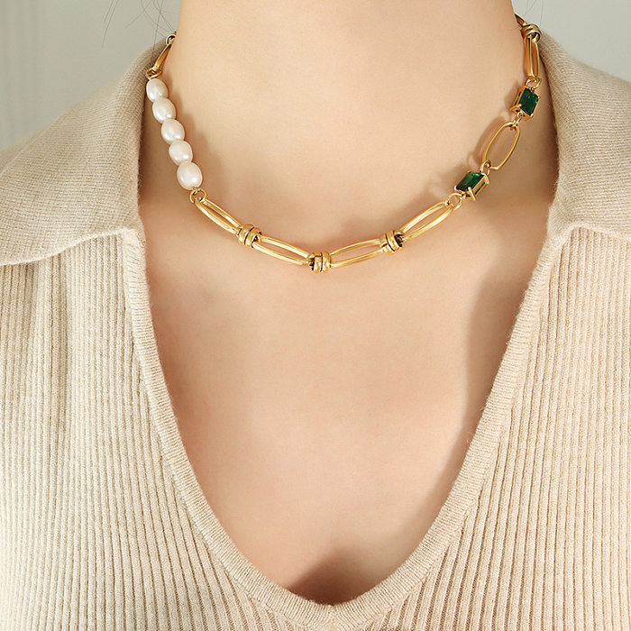 Elegante colar de pulseiras de zircão com incrustações de aço titânio pérola quadrada