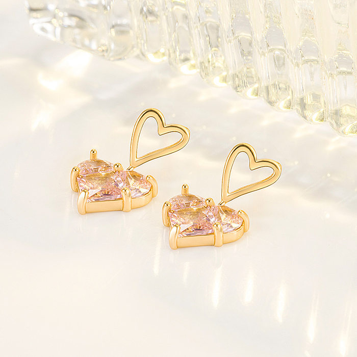 Sweet Heart Shape Copper Gold Plated Zircon Drop Earrings 1 Pair
