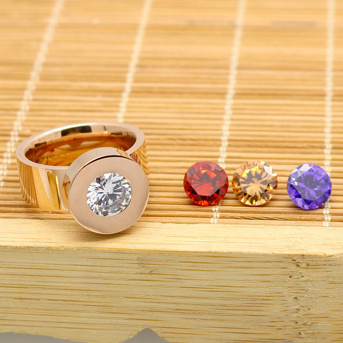 1 Piece Fashion Round Titanium Steel Plating Inlay Zircon Rings