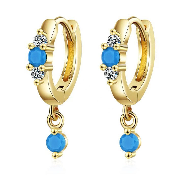 1 paire de boucles d'oreilles pendantes en cuivre, Turquoise et Zircon, Style Simple, placage rond, incrustation
