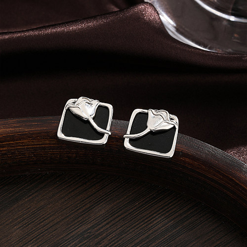 1 paire de clous d'oreilles plaqués argent, Style moderne et Simple, incrustation de Rose carrée, coque en cuivre