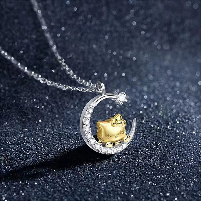 Estilo simples estrela lua gato cobre chapeamento incrustação diamante artificial banhado a ouro pingente colar