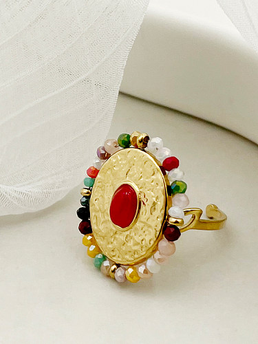 Vacation Colorful Oval Stainless Steel Beaded Gold Plated Open Ring In Bulk