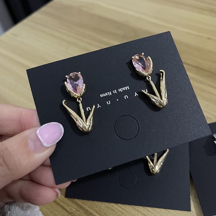 1 Pair Sweet Flower Plating Inlay Copper Zircon Drop Earrings