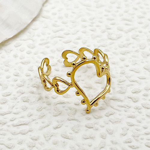 Estilo simples romântico em forma de coração chapeamento de aço inoxidável oco anéis banhados a ouro