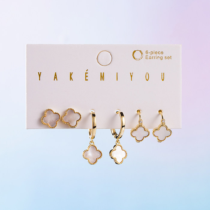 Yakemiyou Sweet Four Leaf Clover Devil'S Eye Heart Shape Copper Asymmetrical Shell Zircon 14K Gold Plated Earrings