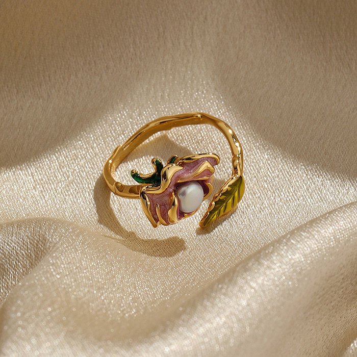 Estilo de fada retro folha flor cobre esmalte chapeamento incrustação pérolas artificiais 18k banhado a ouro anéis abertos