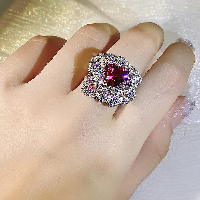 Sweet Flower Brass Plating Inlay Artificial Gemstones Open Rings