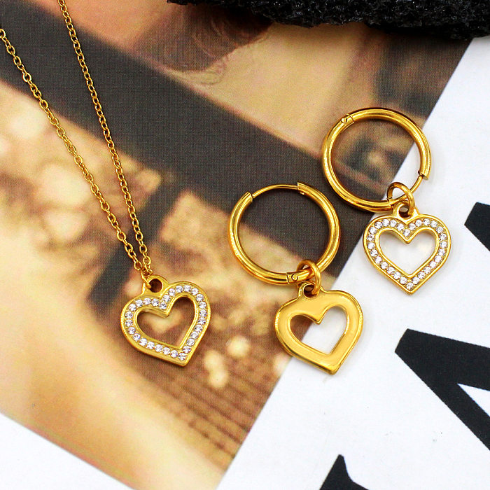 Süße Streetwear Herzform Titan Stahlüberzug Inlay Künstlicher Diamant Ohrringe Halskette