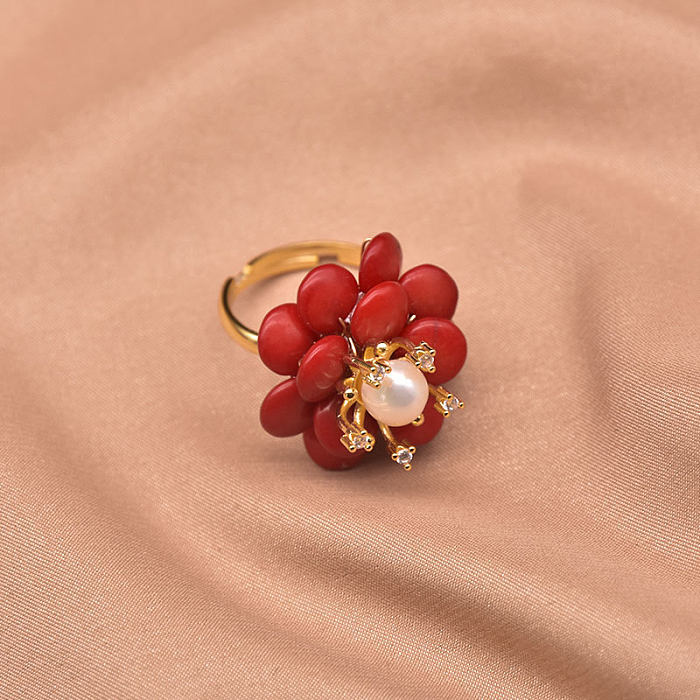 Elegante retrô flor cobre frisado chapeamento coral pérola 18K conjunto de joias banhadas a ouro
