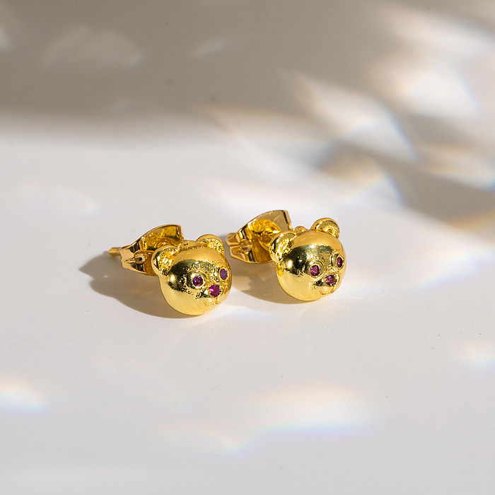 1 Pair Cute Sweet Simple Style Bear Copper Zircon 18K Gold Plated Ear Studs