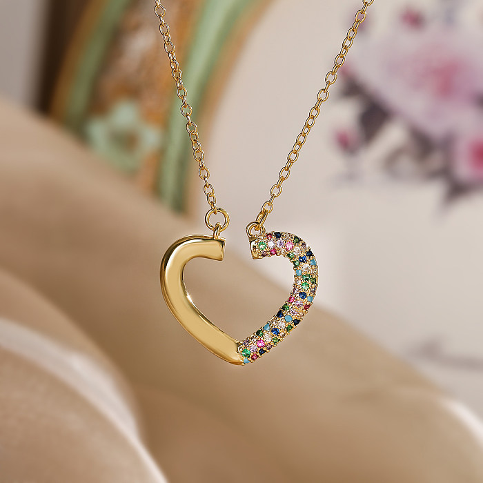 Simple Style Commute Heart Shape Copper Plating Inlay Zircon 18K Gold Plated Pendant Necklace