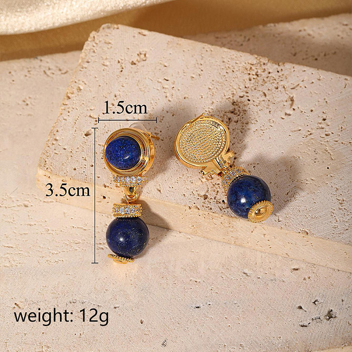 1 par de pendientes colgantes chapados en oro de 18 quilates con incrustaciones de cobre y lapislázuli redondos de estilo simple