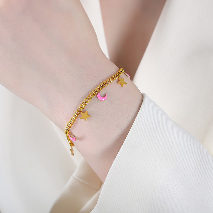 Elegante streetwear geométrico estrela lua titânio aço esmalte chapeamento 18k banhado a ouro pulseiras colar